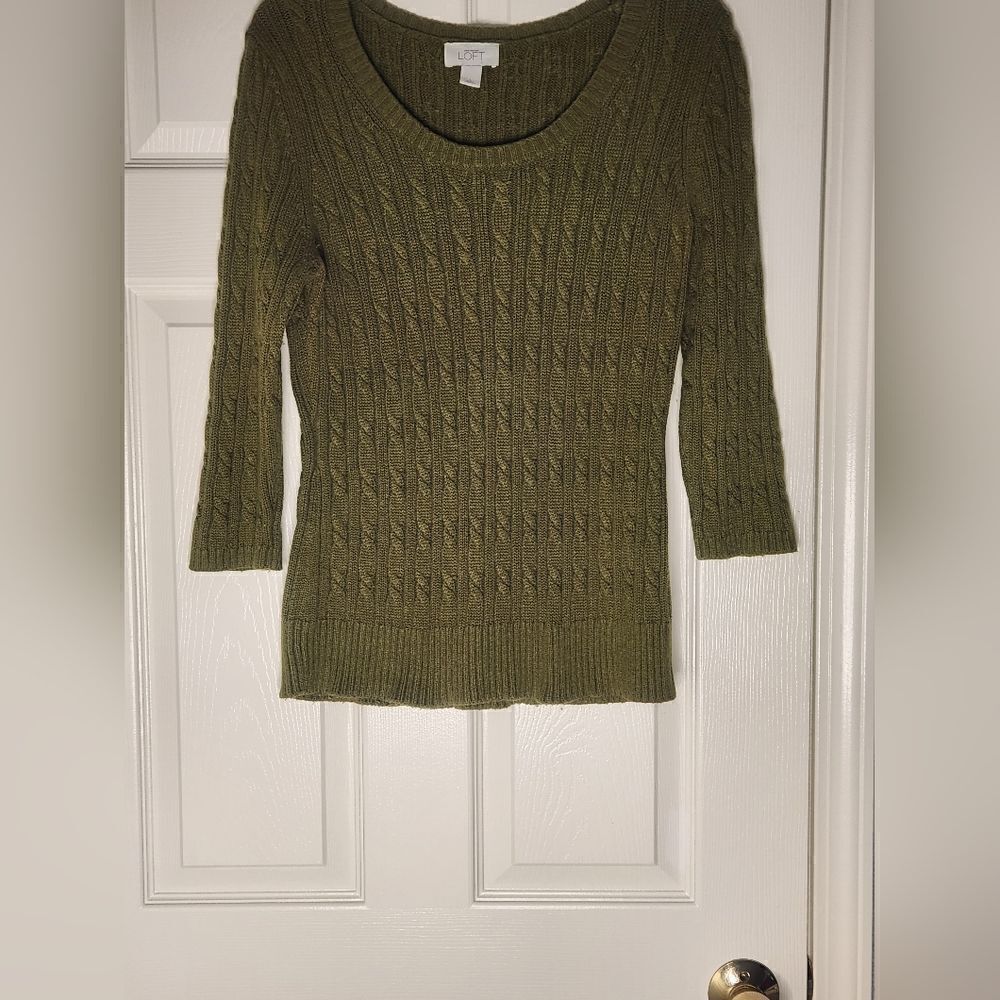 Loft L Cable Knit Olive Rabbit Hair Blend 3/4 Sleeve Women’s Sweater